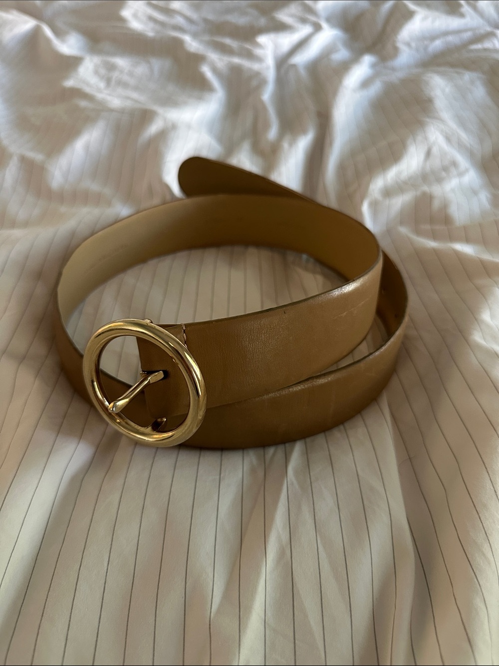 Tan Leather Belt with Gold Round Buckle - Women Accessories - S